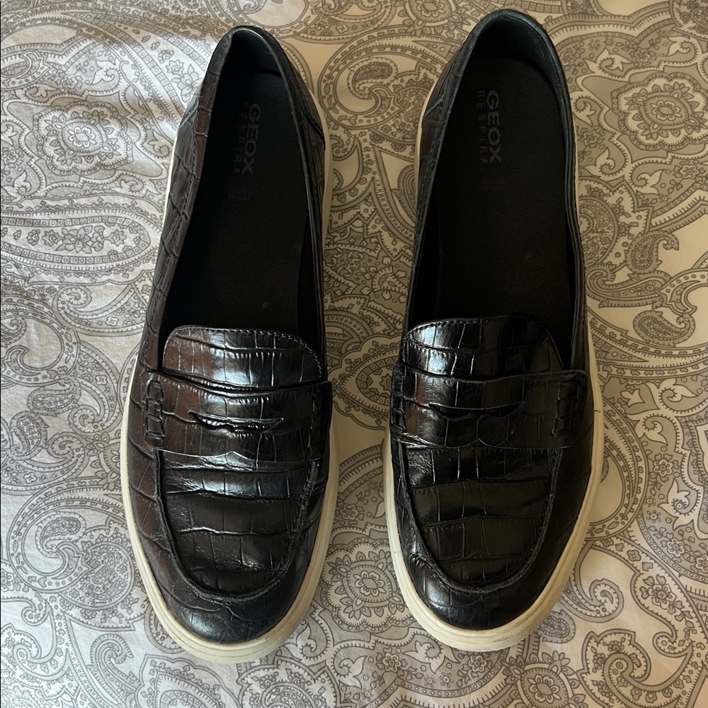 Geox Black Croc Embossed Slip-Ons